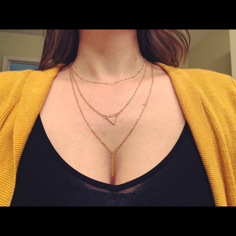 Gold triangle triple layer chain necklace